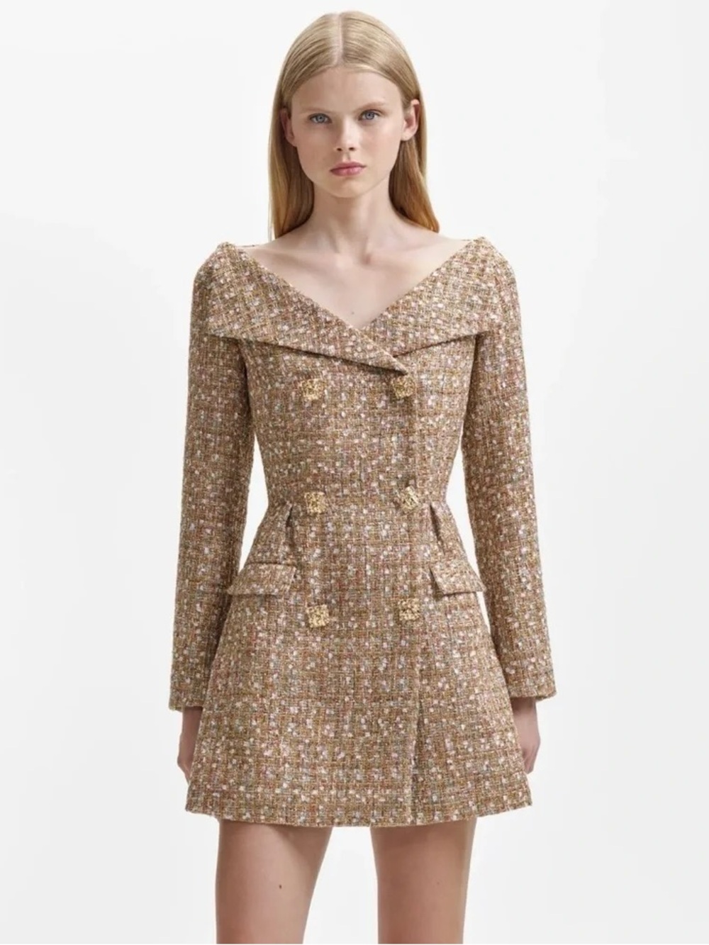Self-Portrait Metallic Camel Tweed Off-Shoulder Mini Dress